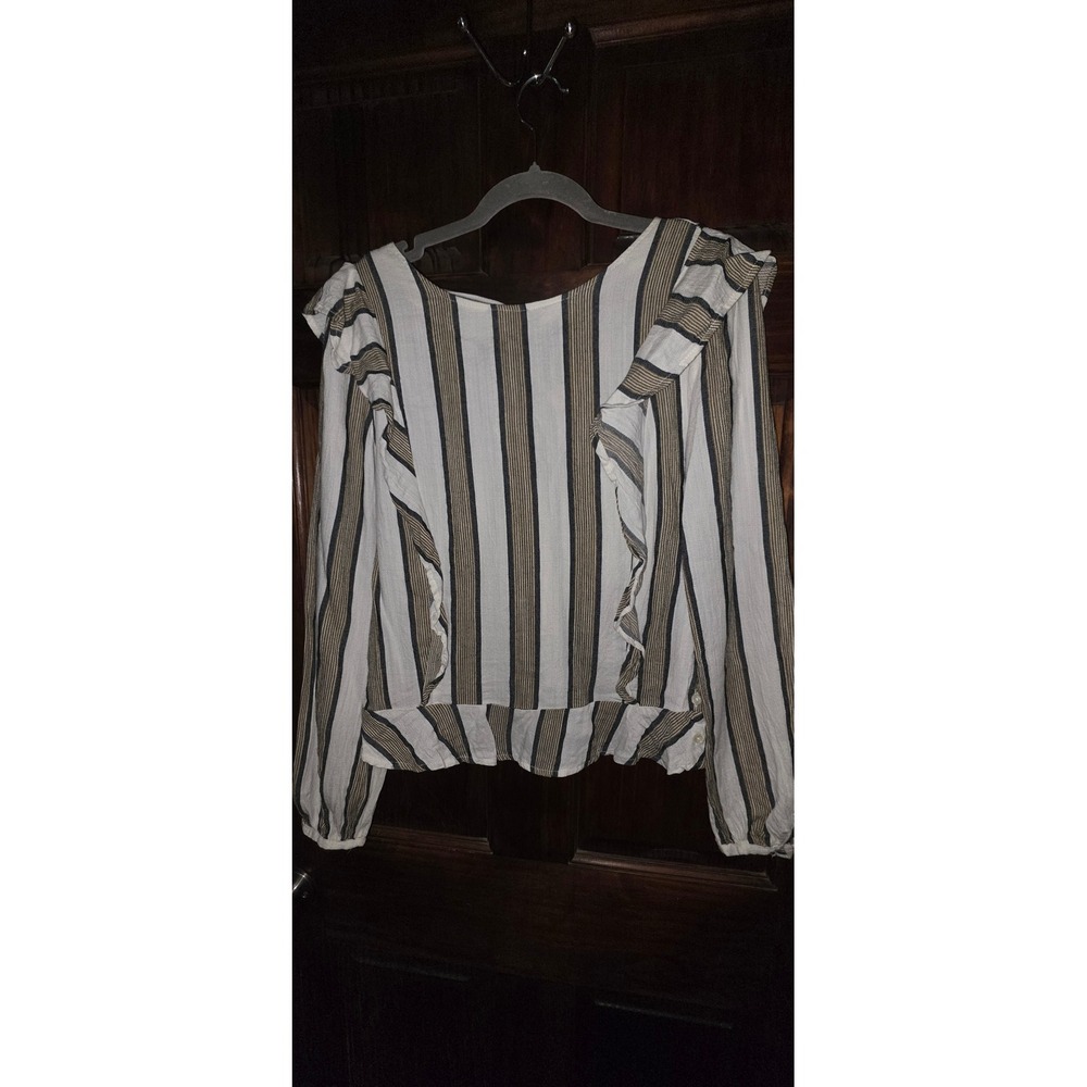 Isabella Sinclair Striped Ruffle V-Neck Blouse White Tan Black Small